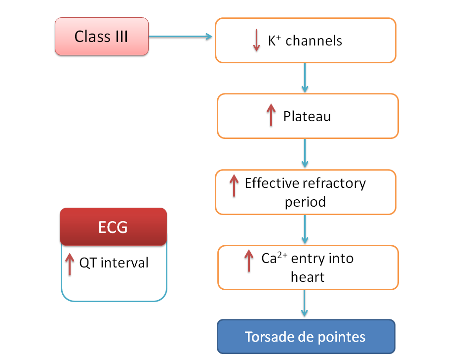 Torsade de pointes due to class III action increasing QT interval