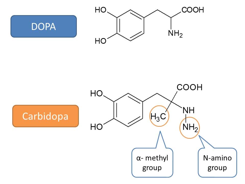 structure of carbidopa in comparison with dopa 